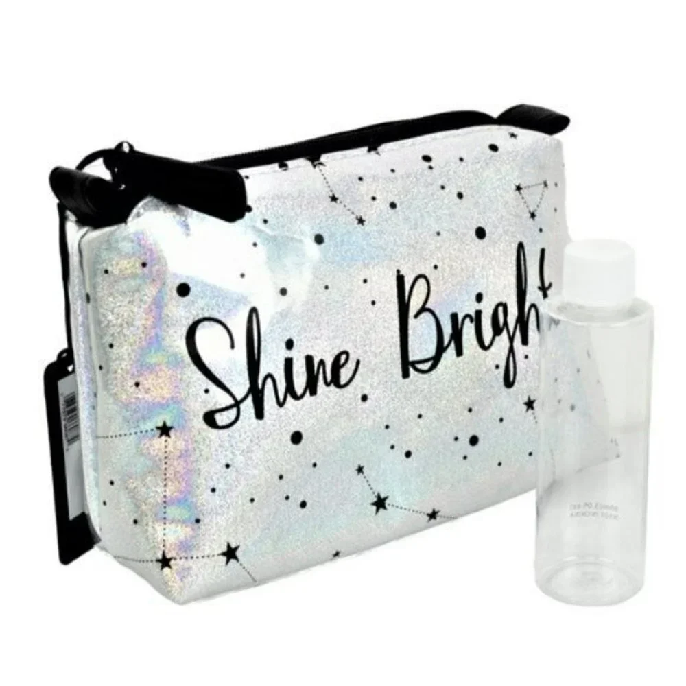 NWT Stella & Max Shine Bright Silver Iridescent Cosmetic Bag with Travel Bottle